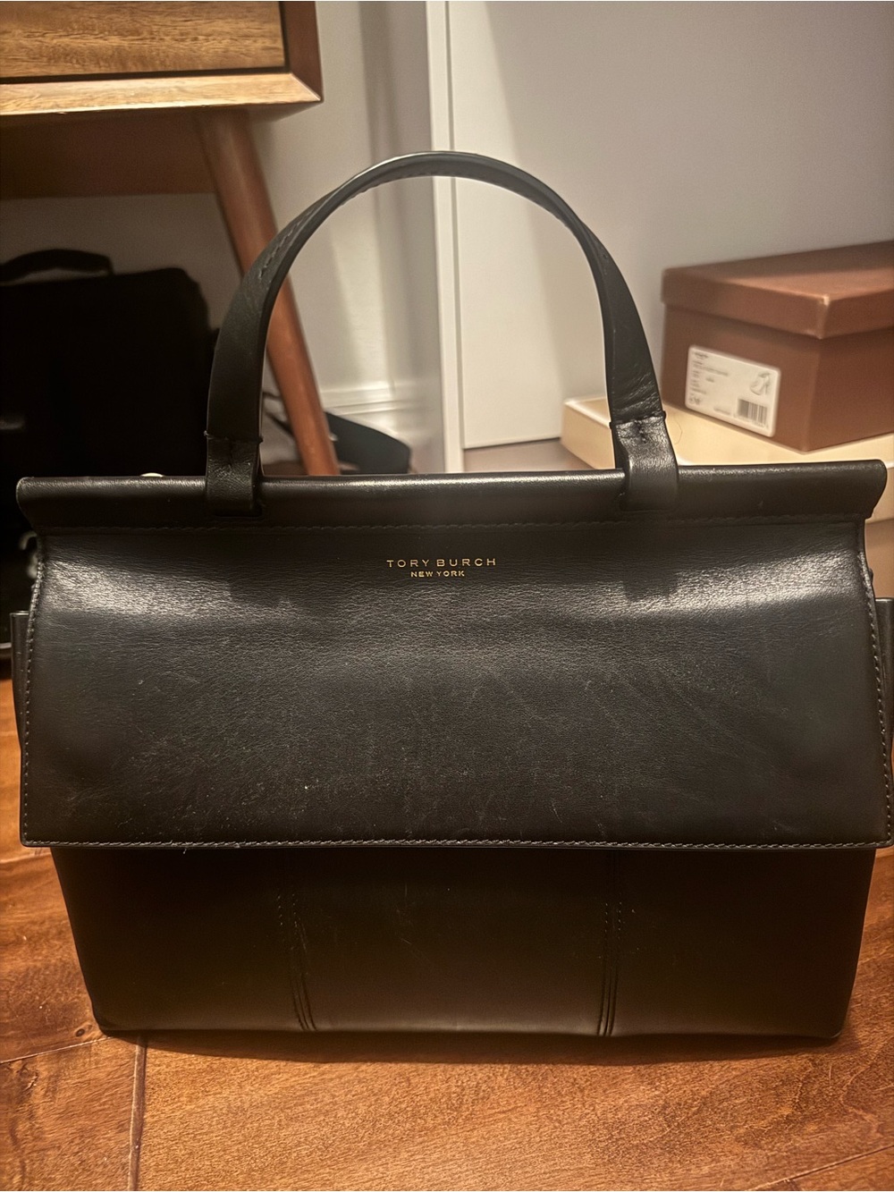 Tory Burch Block T Black Leather Top-Handle Briefcase
